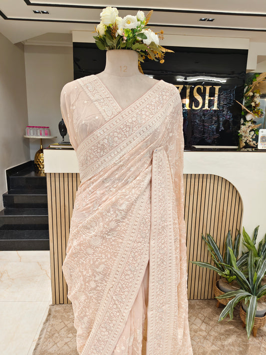 Baby Pink Bird Motif Chikankari Georgette Saree