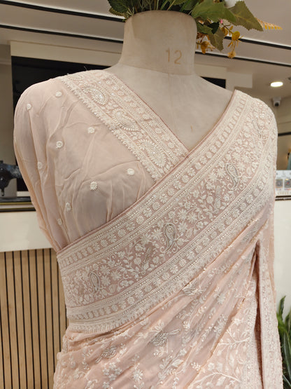 Baby Pink Bird Motif Chikankari Georgette Saree