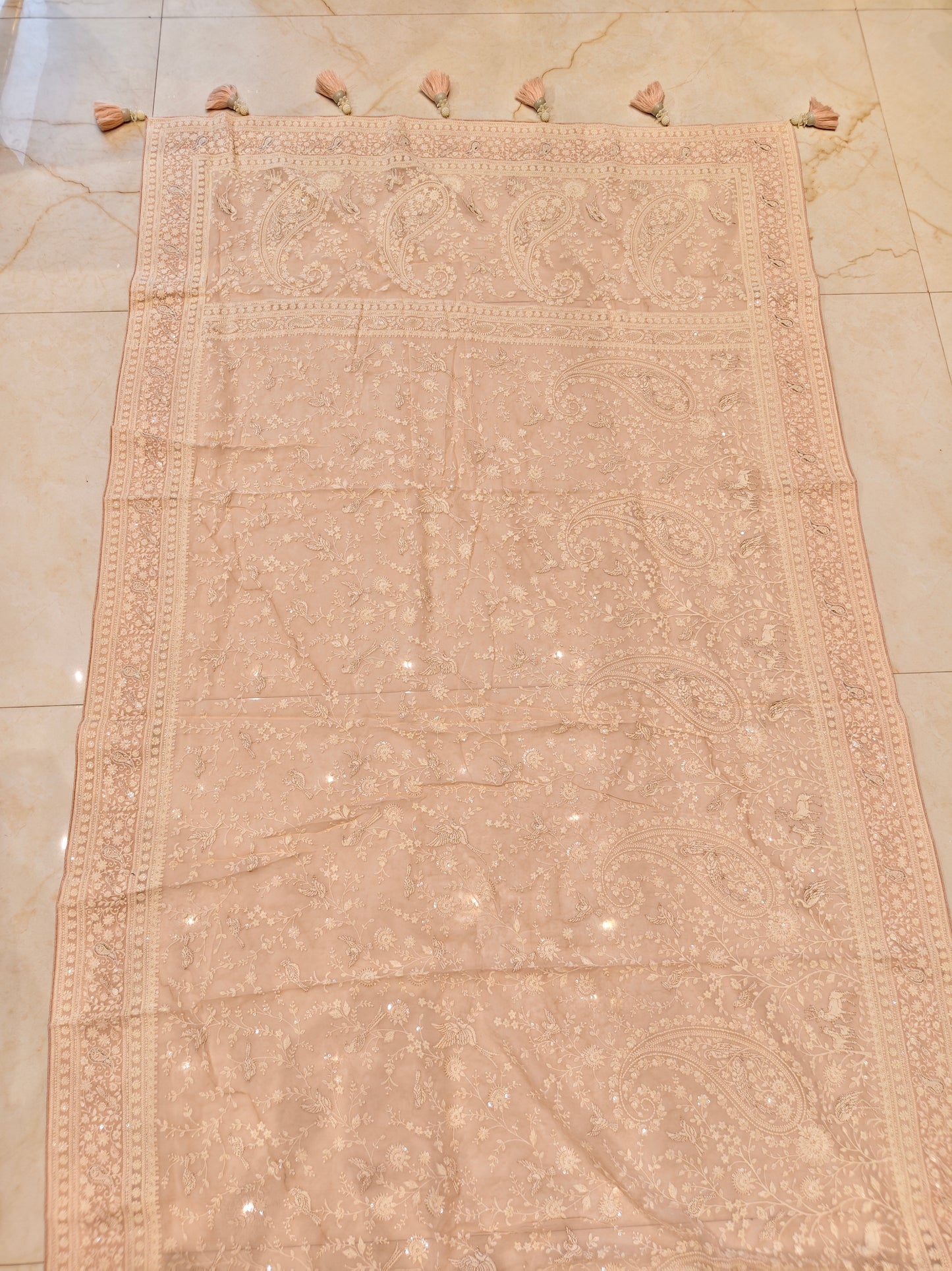 Baby Pink Bird Motif Chikankari Georgette Saree