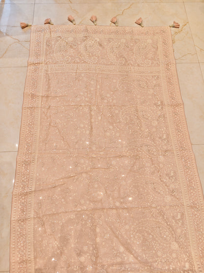 Baby Pink Bird Motif Chikankari Georgette Saree