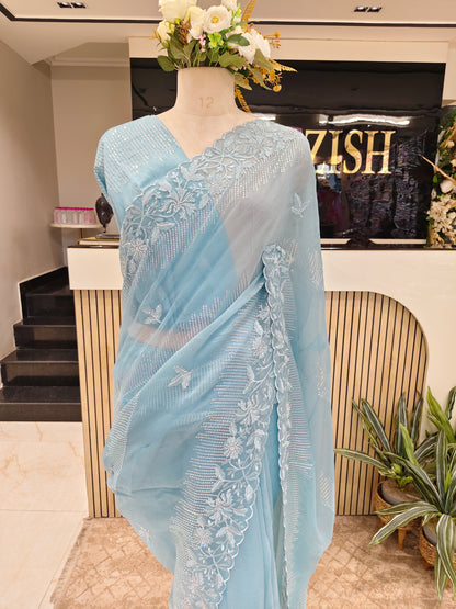 Sky Blue Resham & Stone Work Chiffon Saree