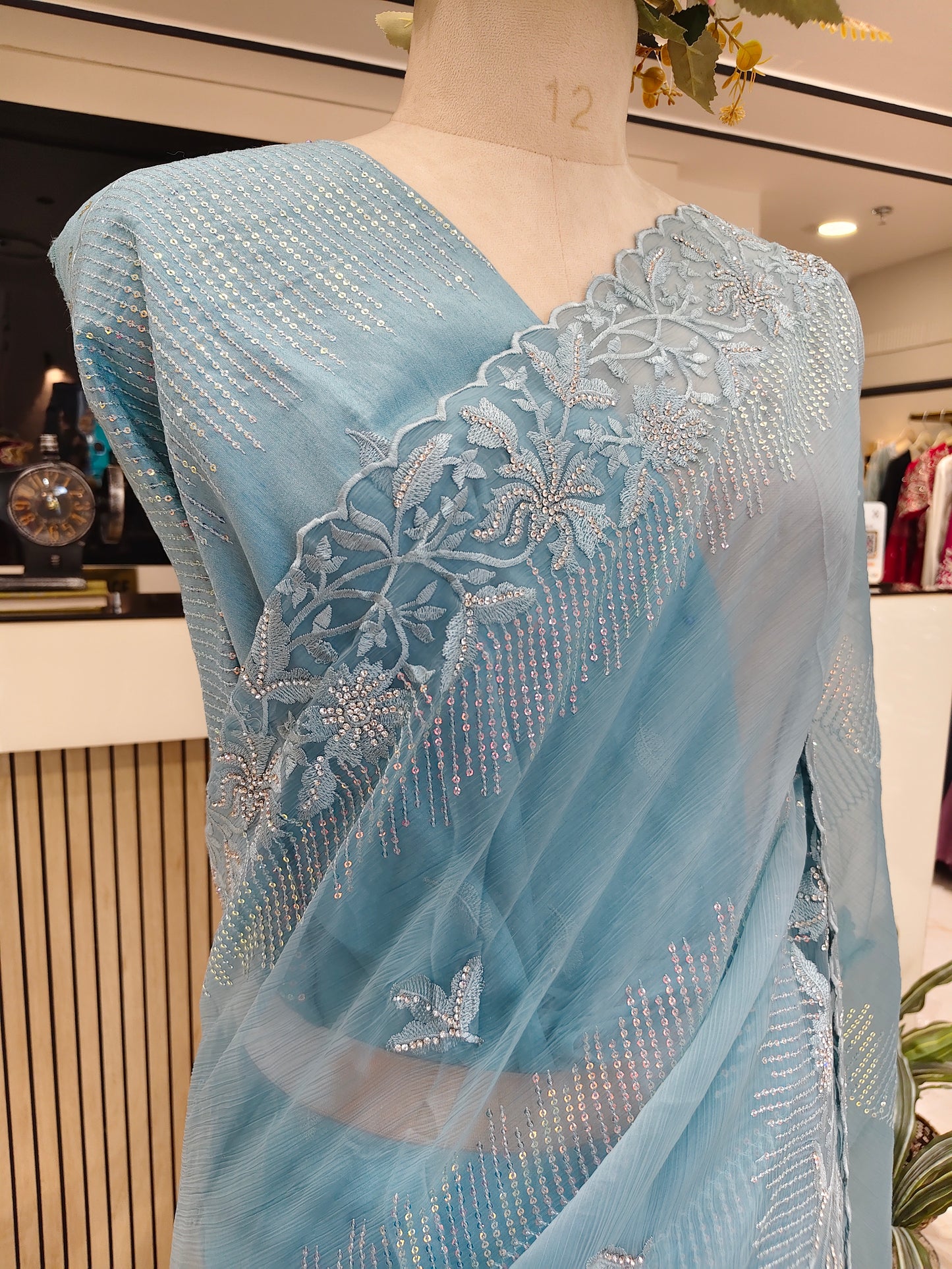 Sky Blue Resham & Stone Work Chiffon Saree