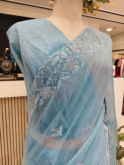 Sky Blue Resham & Stone Work Chiffon Saree