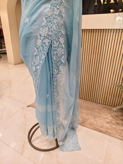 Sky Blue Resham & Stone Work Chiffon Saree