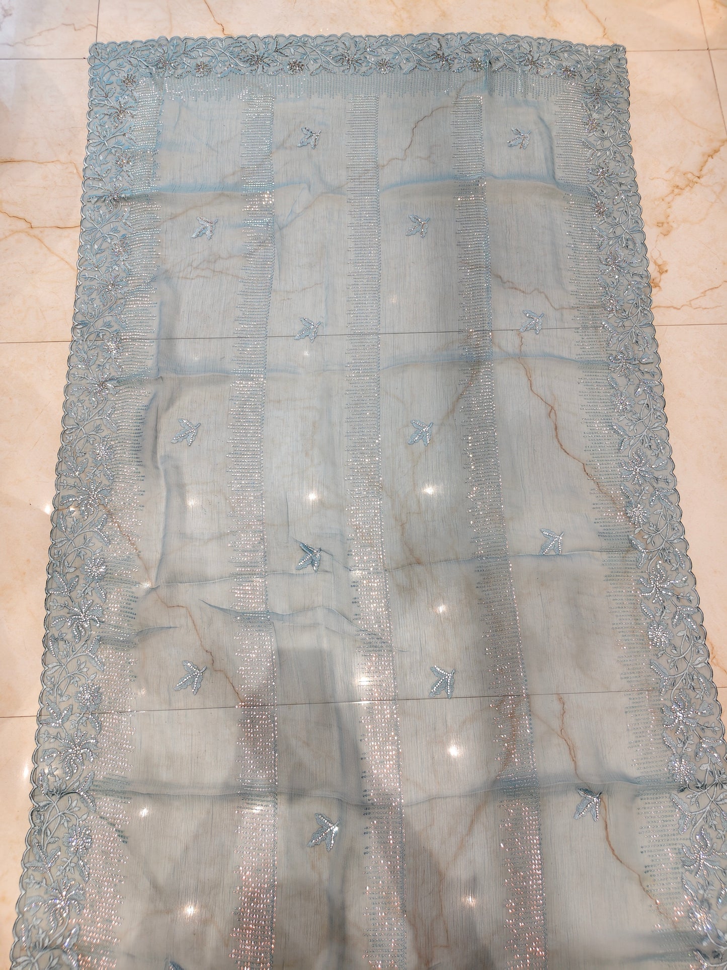Sky Blue Resham & Stone Work Chiffon Saree