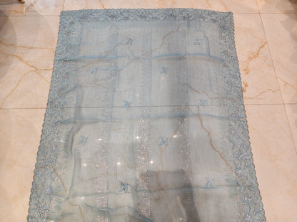 Sky Blue Resham & Stone Work Chiffon Saree