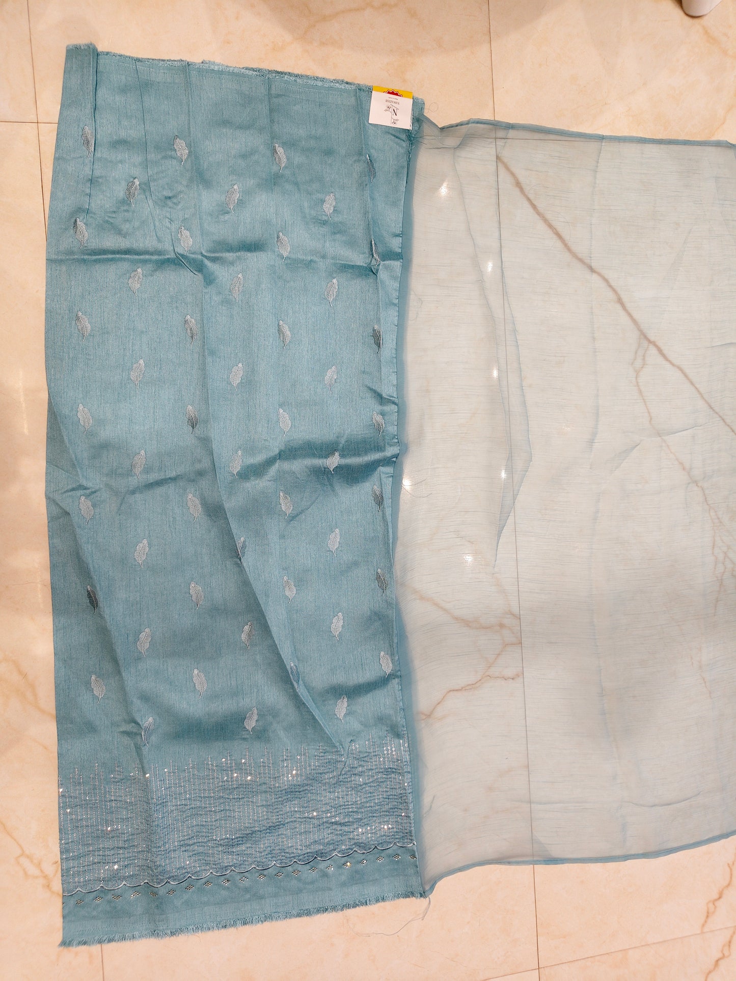 Sky Blue Resham & Stone Work Chiffon Saree