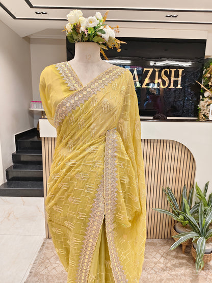 Lemon Zari & Resham Work Chiffon Saree