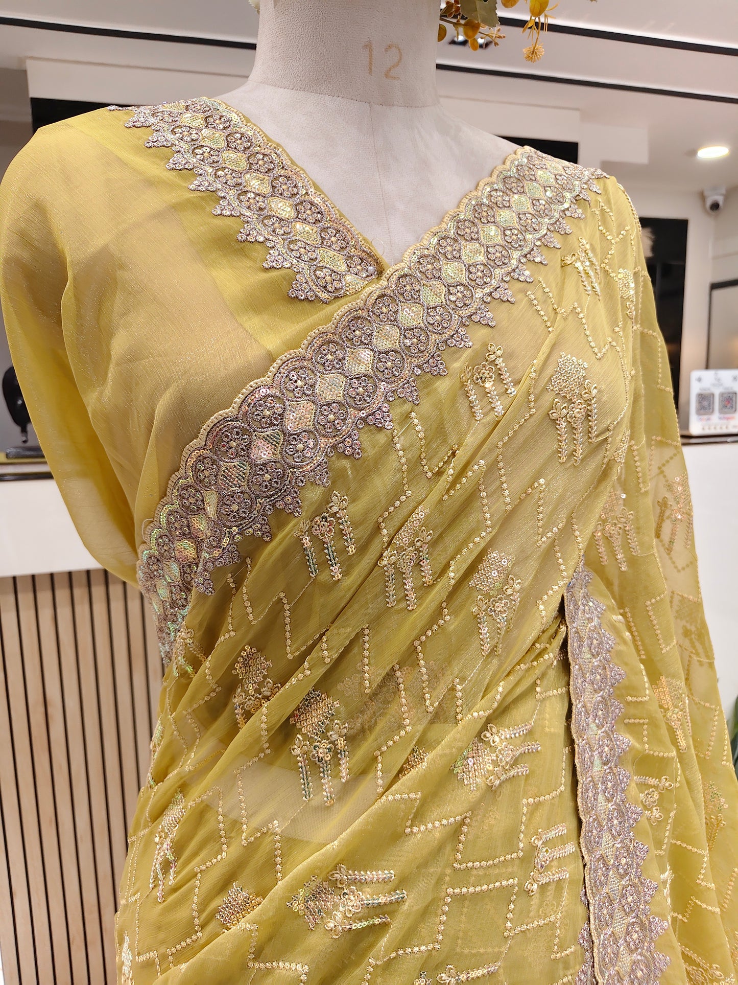 Lemon Zari & Resham Work Chiffon Saree