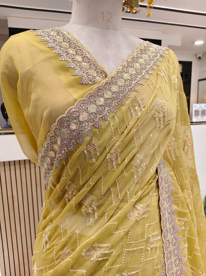 Lemon Zari & Resham Work Chiffon Saree