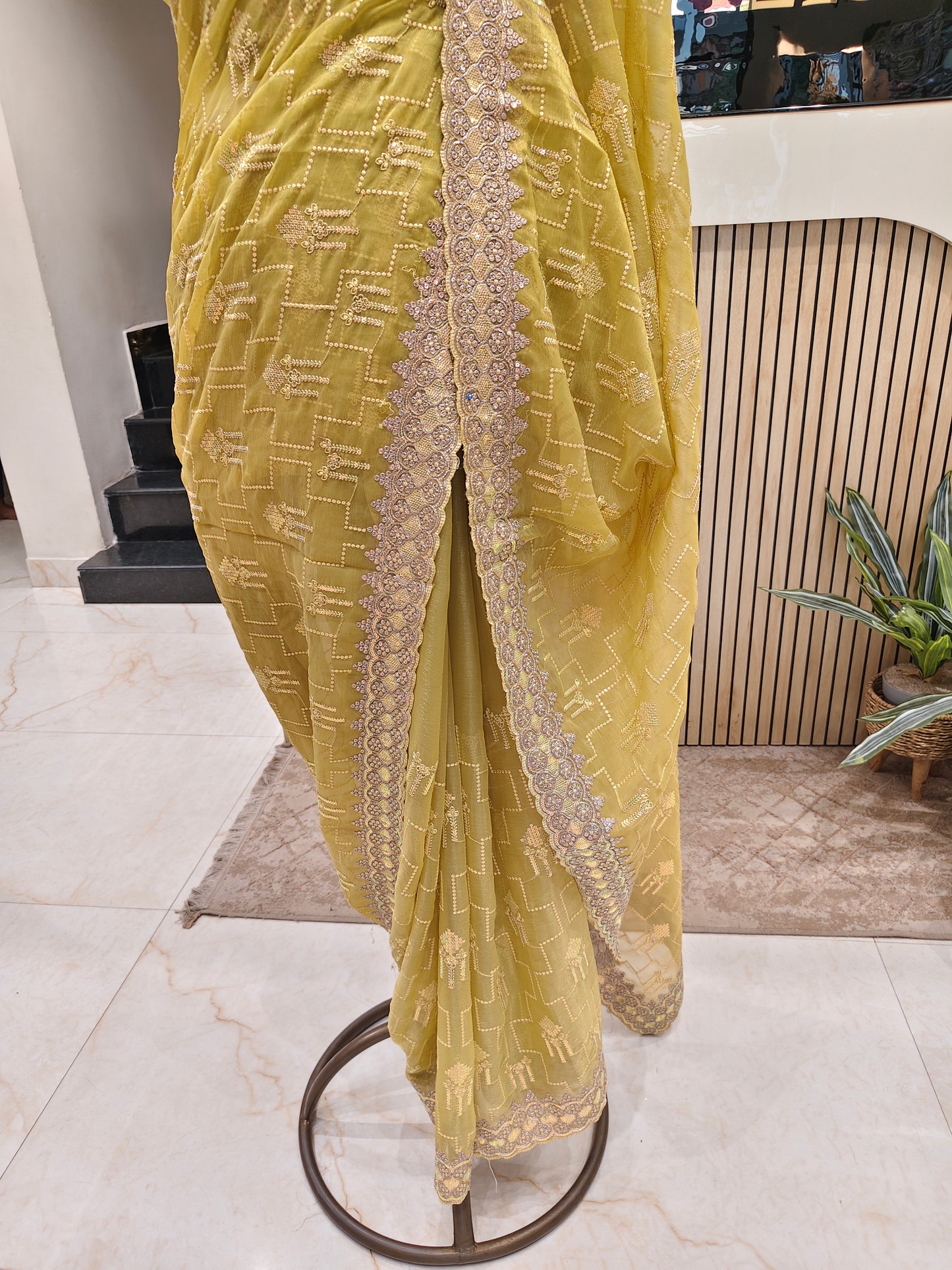 Lemon Zari & Resham Work Chiffon Saree