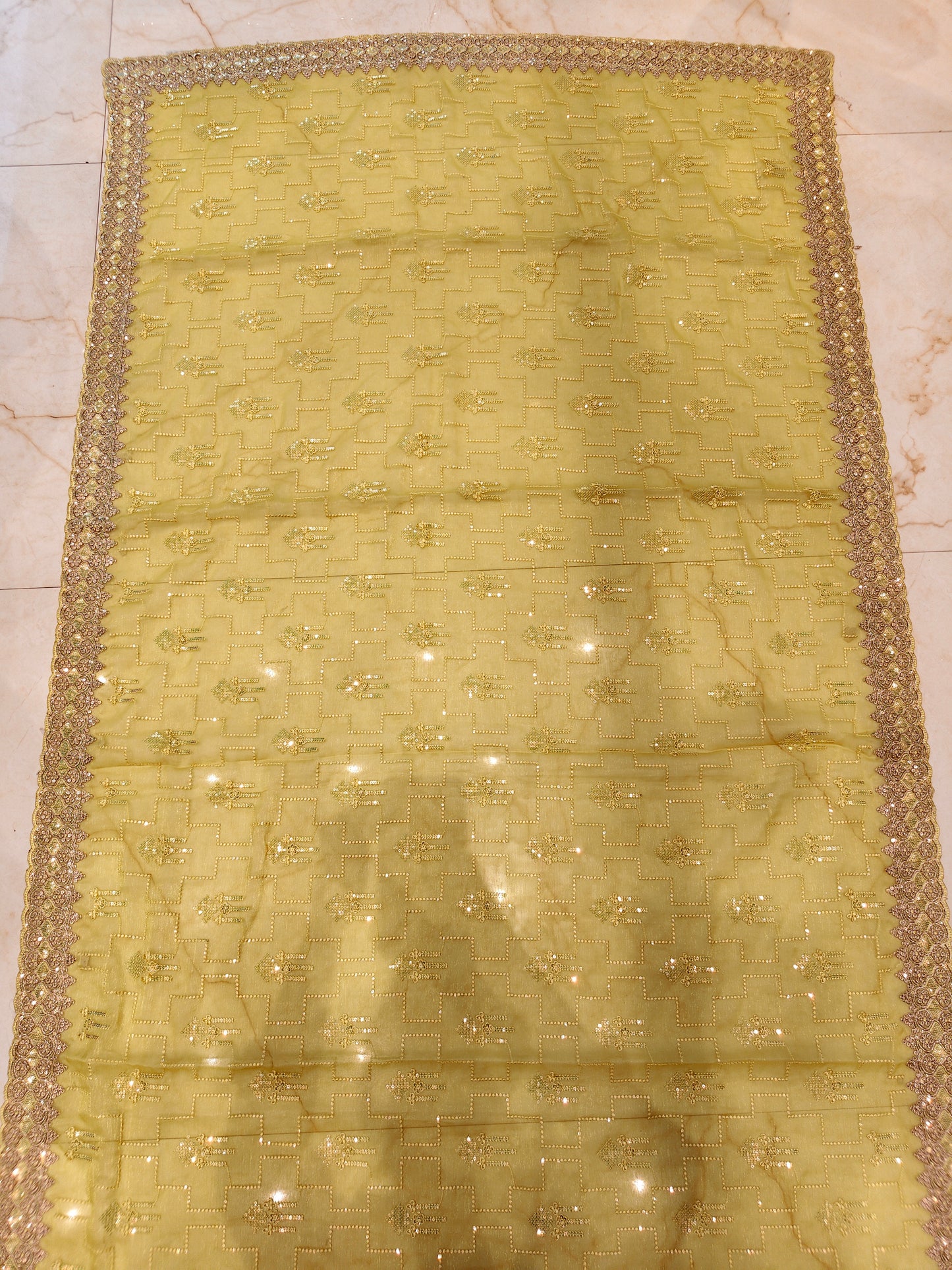 Lemon Zari & Resham Work Chiffon Saree