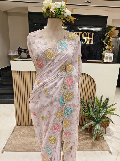 Lavender Zari & Resham Work Georgette Saree