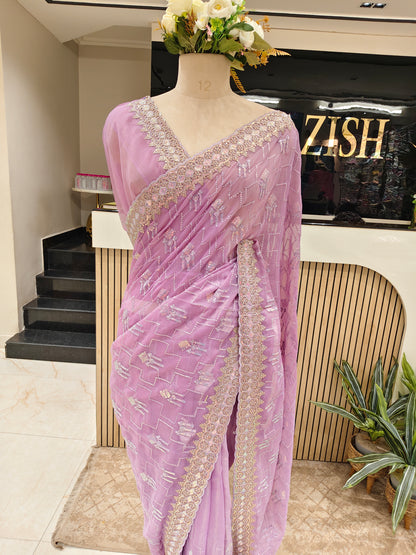 Lavender Zari & Resham Work Chiffon Saree