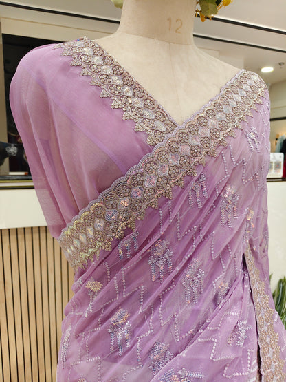 Lavender Zari & Resham Work Chiffon Saree