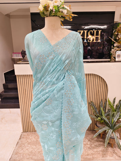 Sea Green Resham & Stone Work Chiffon Saree