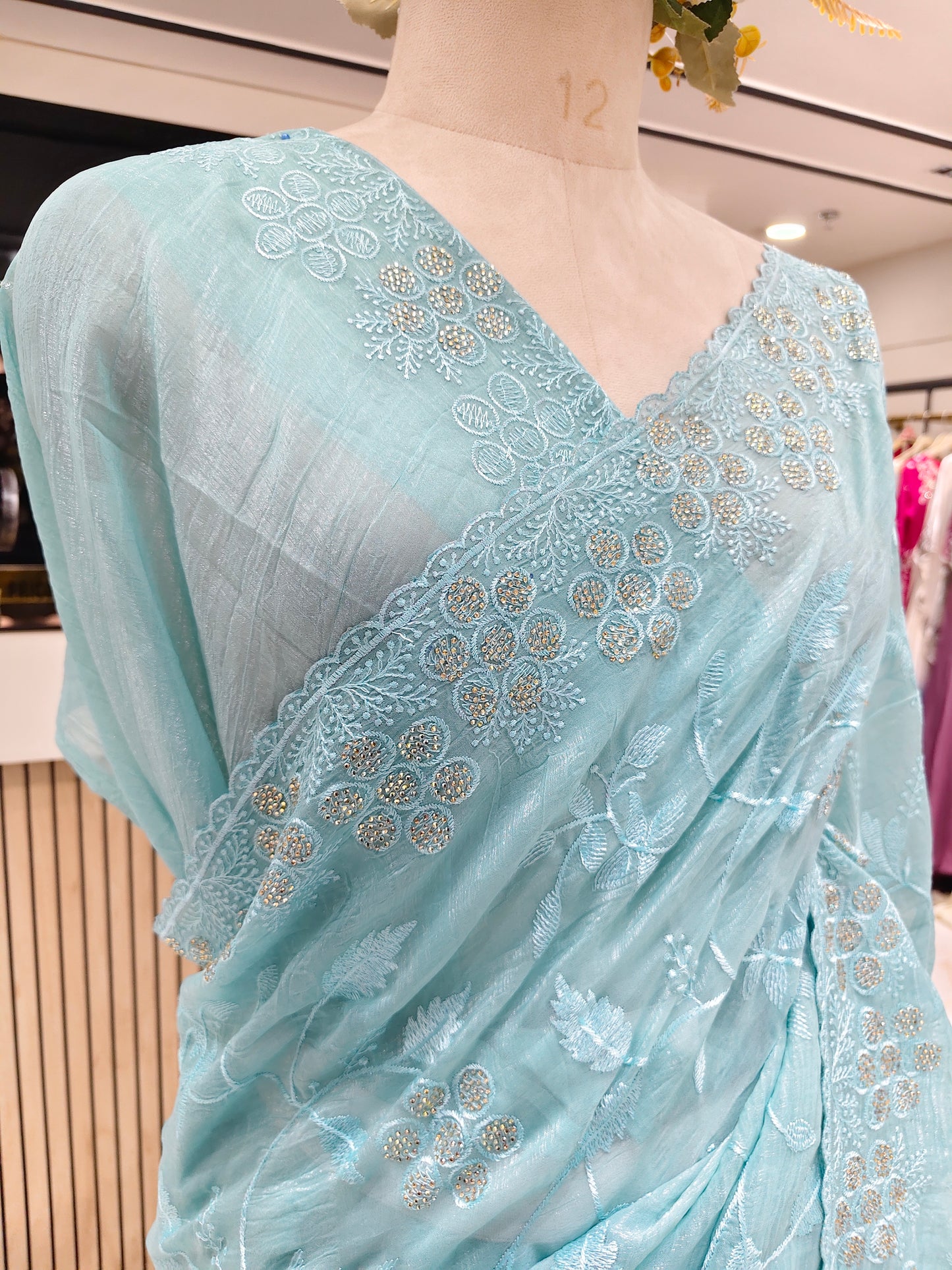 Sea Green Resham & Stone Work Chiffon Saree