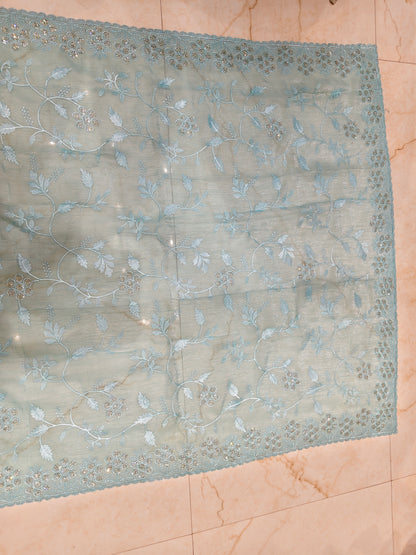 Sea Green Resham & Stone Work Chiffon Saree