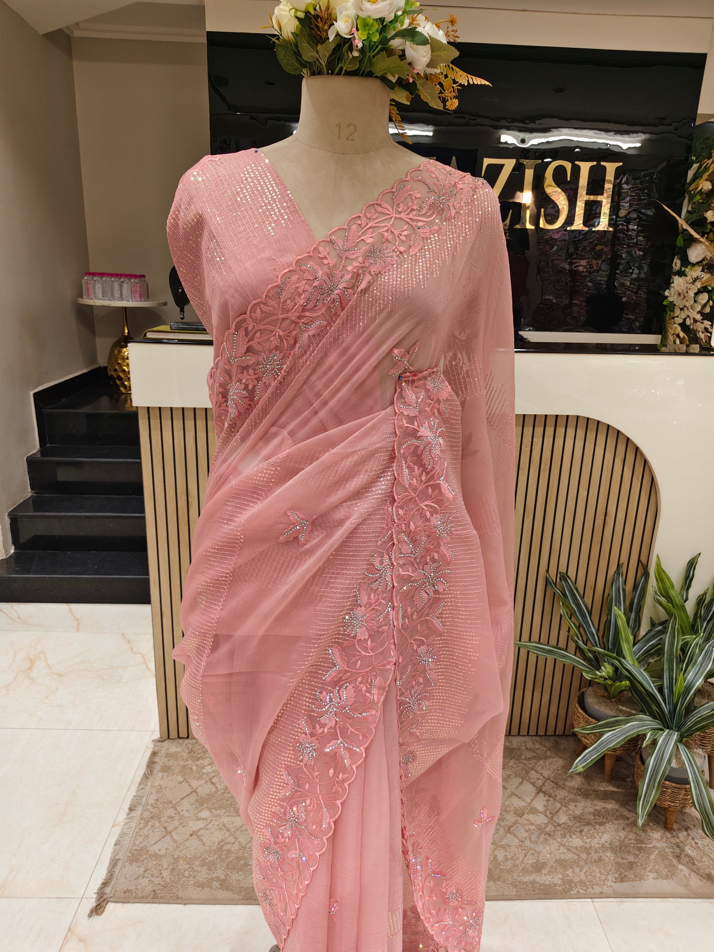 Pink Sequins & Stone Work Chiffon Saree