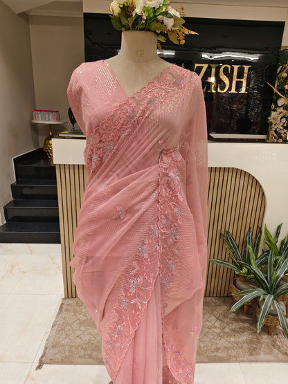 Pink Sequins & Stone Work Chiffon Saree