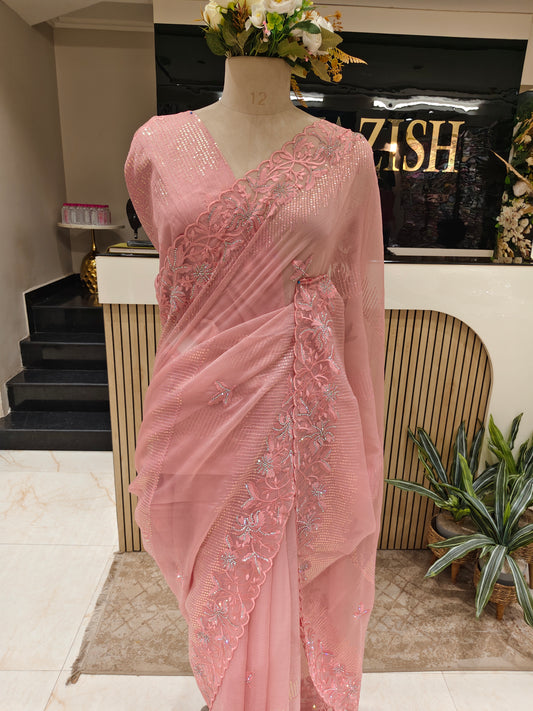 Pink Sequins & Stone Work Chiffon Saree