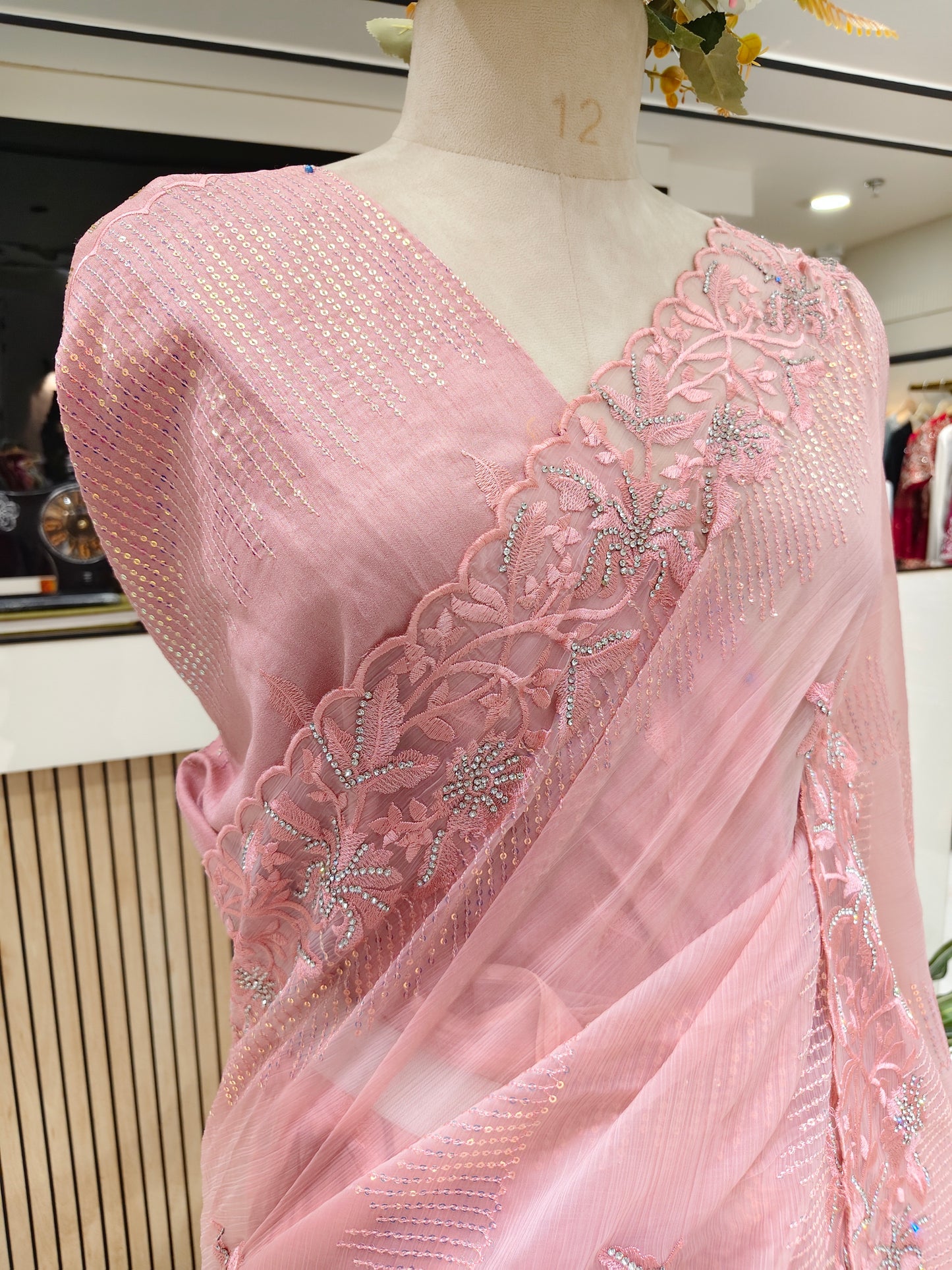 Pink Sequins & Stone Work Chiffon Saree
