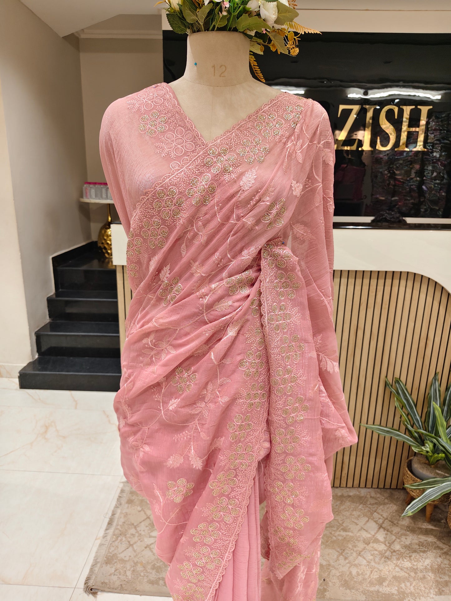 Pink Resham & Stone Work Chiffon Saree