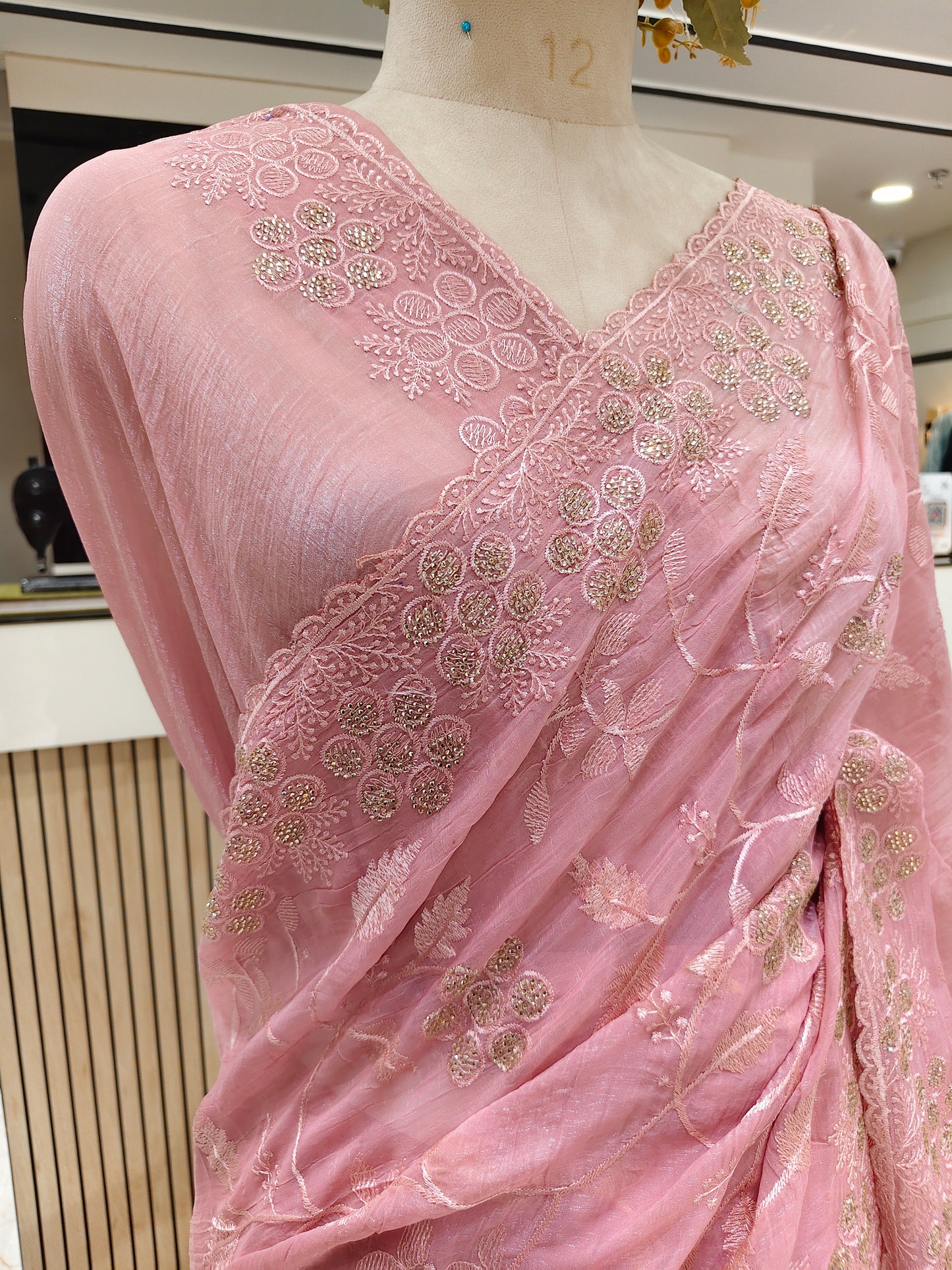 Pink Resham & Stone Work Chiffon Saree