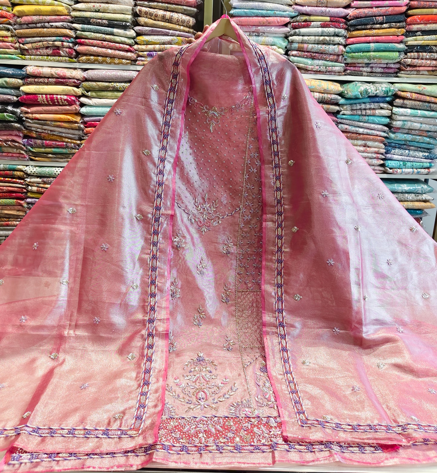 Onion Pink Unstitched Suit
Tissue Suit Set
Dabka Work Suit
Designer Festive Suit
Wedding Wear Suit