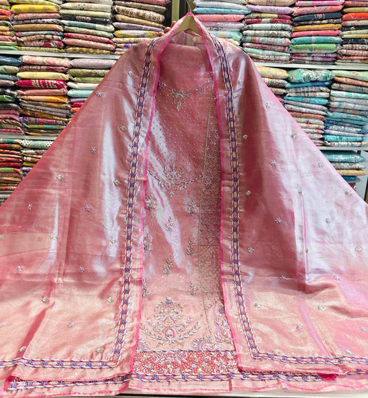 Onion Pink Unstitched Suit
Tissue Suit Set
Dabka Work Suit
Designer Festive Suit
Wedding Wear Suit