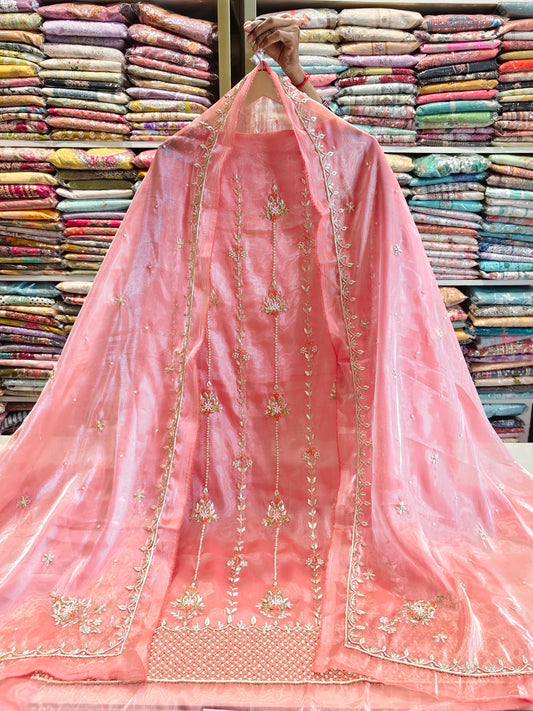 Peach Unstitched Suit
Tissue Suit Set
Dabka Work Suit
Zari Work Suit
Designer Festive Suit