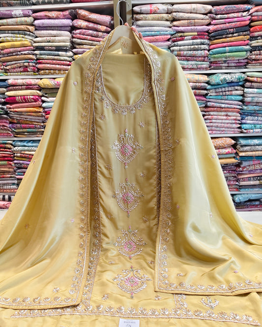 Olive Gold Unstitched Suit
Crepe Suit Set
Dabka Work Suit
Designer Festive Suit
Wedding Wear Unstitched Suit