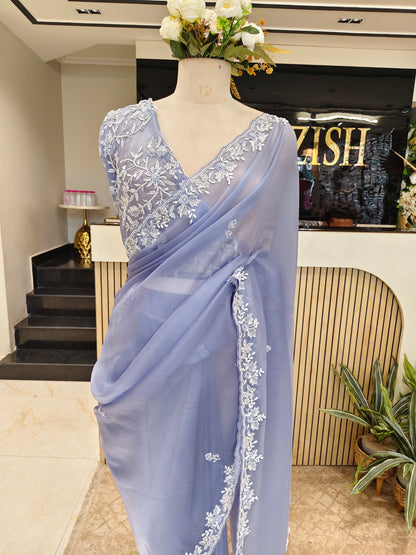 Light Blue Kutdana & Stone Work Tissue Saree