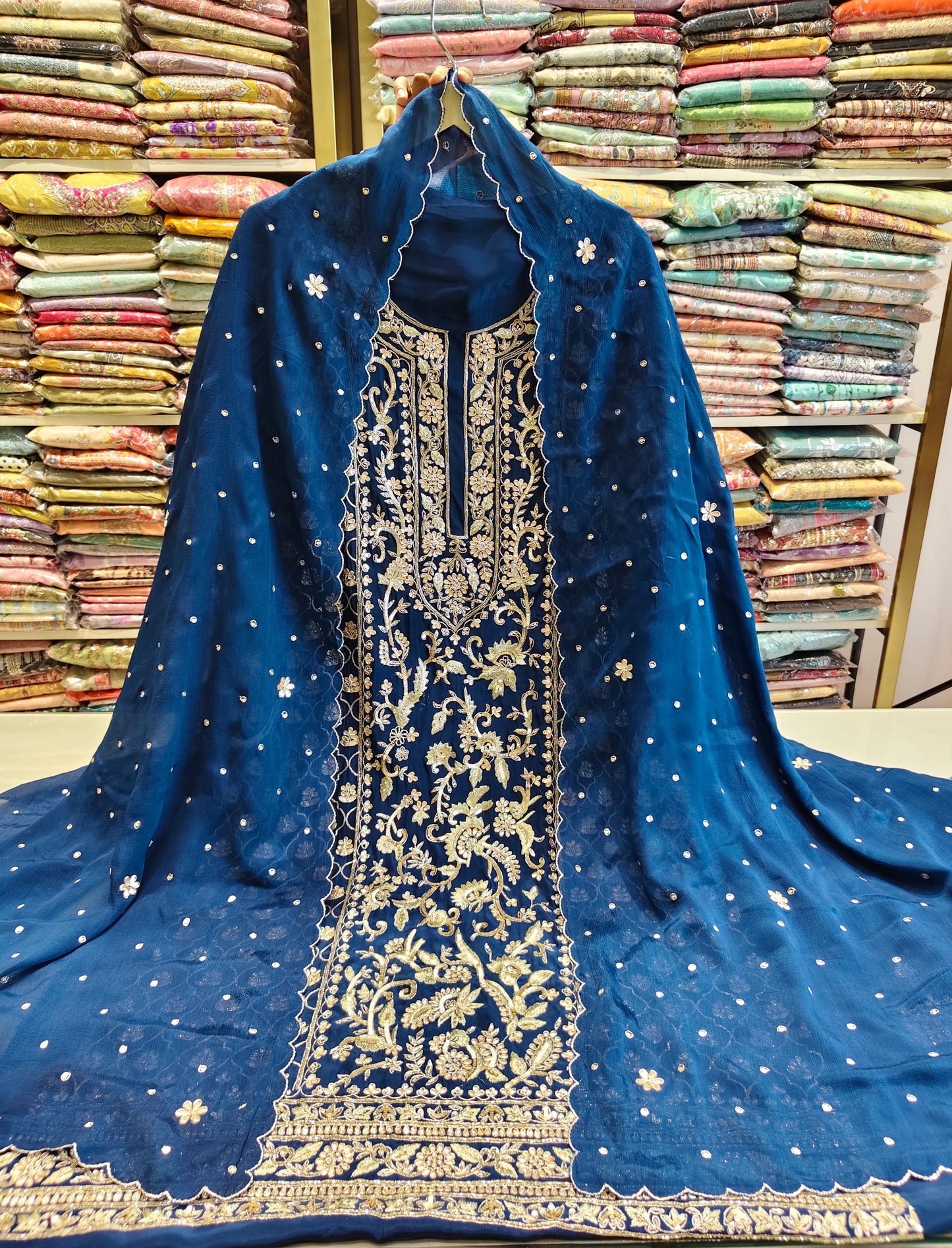 Blue Unstitched Suit
Crepe Suit Set
Dabka Work Suit
Gota Patti Suit
Designer Festive Suit