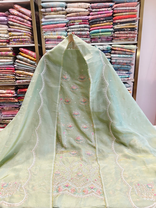 Olive Green Unstitched Suit
Tissue Suit Set
Dabka Work Suit
Patch Work Suit
Designer Festive Suit