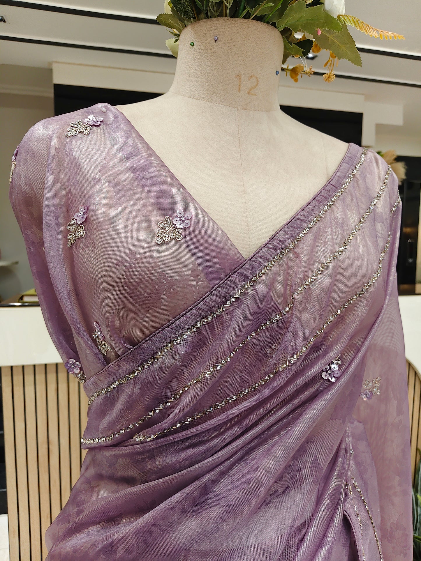 Lavender Self Print Handwork Tissue Saree