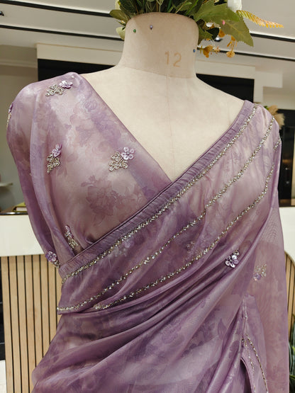 Lavender Self Print Handwork Tissue Saree
