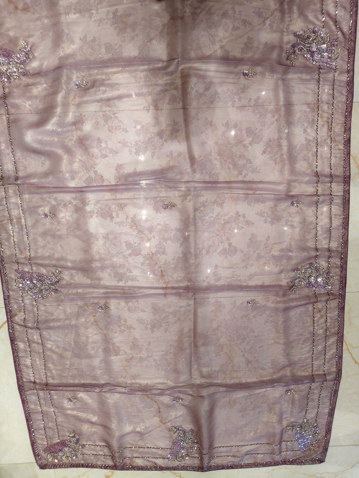 Lavender Self Print Handwork Tissue Saree
