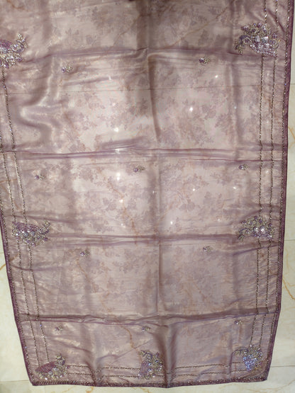 Lavender Self Print Handwork Tissue Saree