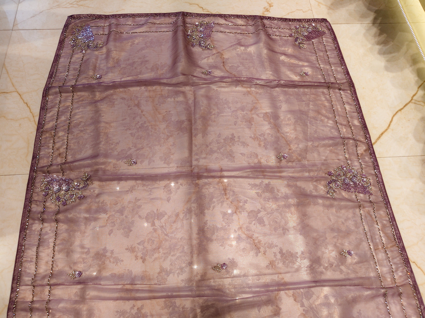 Lavender Self Print Handwork Tissue Saree
