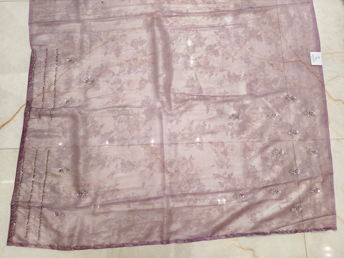 Lavender Self Print Handwork Tissue Saree