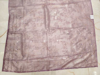 Lavender Self Print Handwork Tissue Saree