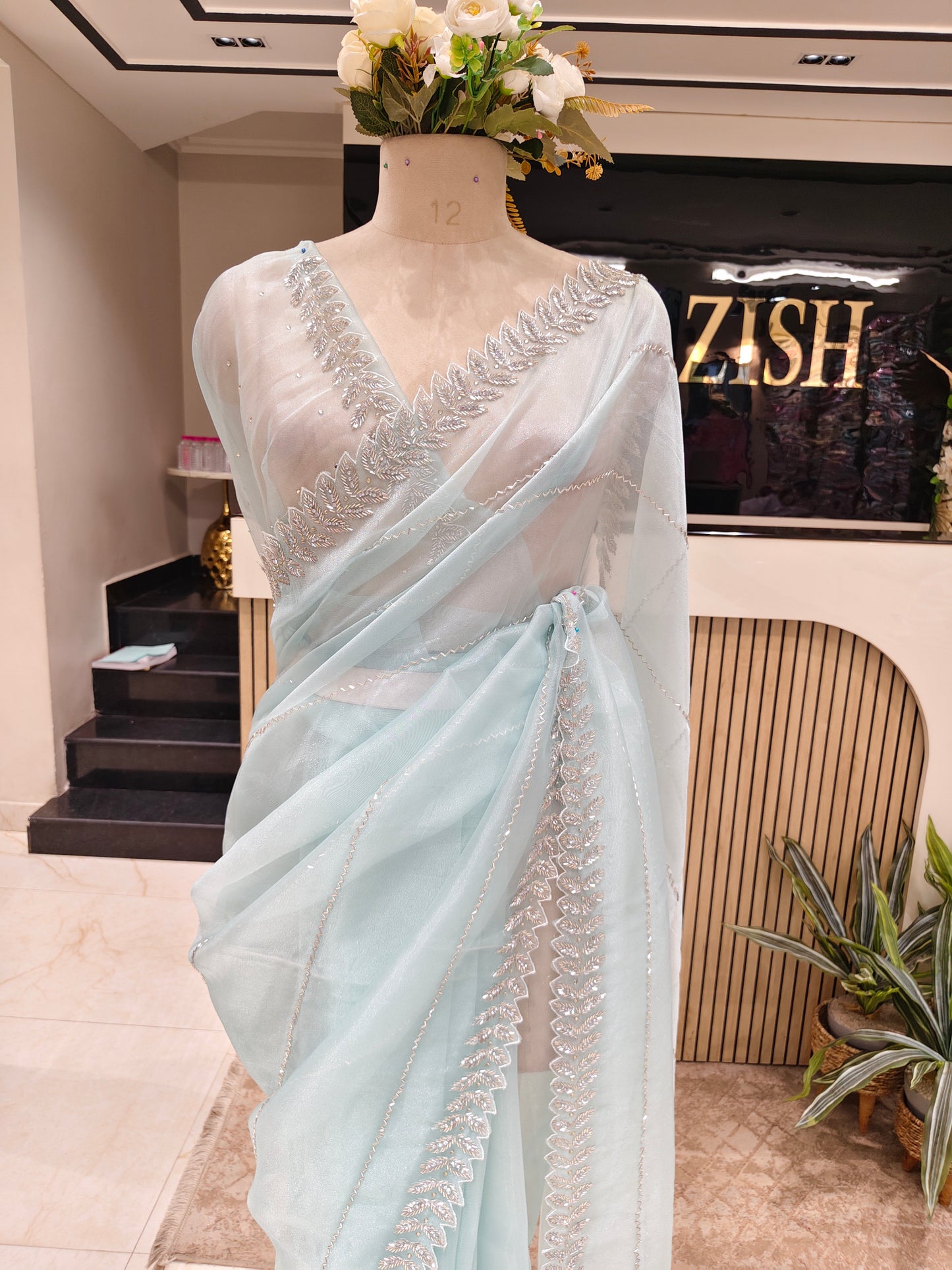 Sea Green Handwork Glass Tissue Saree
