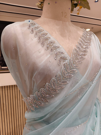 Sea Green Handwork Glass Tissue Saree