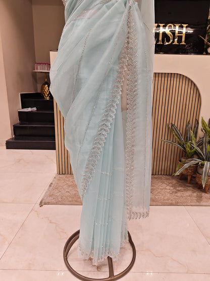 Sea Green Handwork Glass Tissue Saree