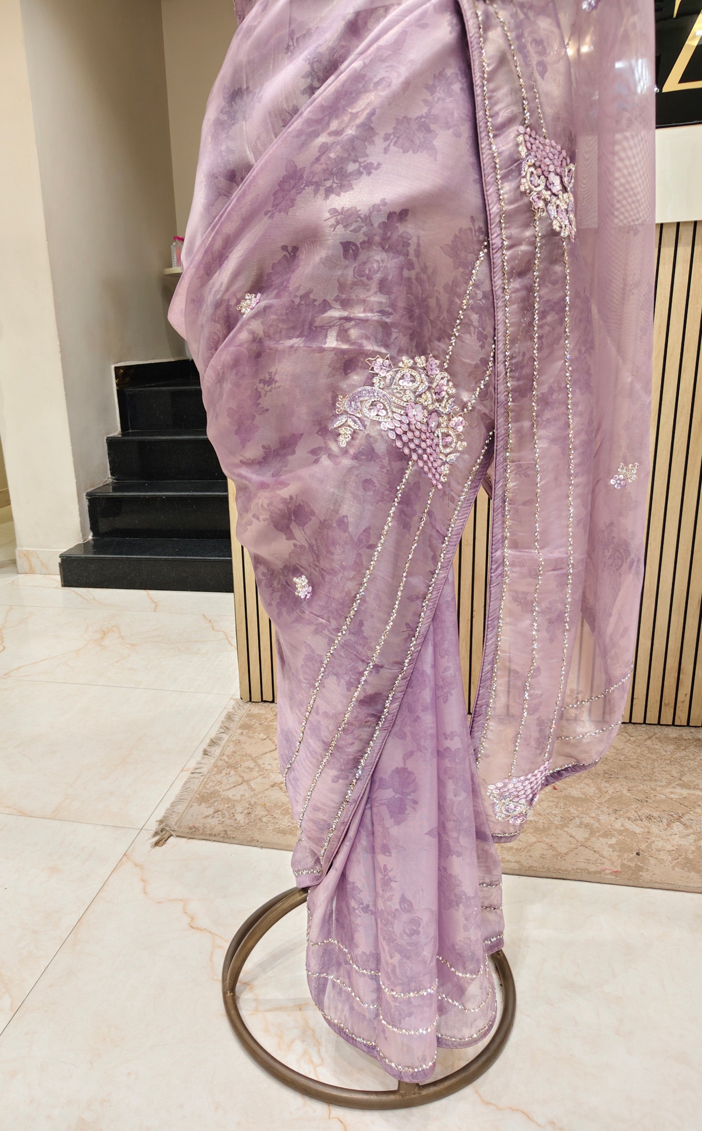 Lavender Self Print Handwork Tissue Saree
