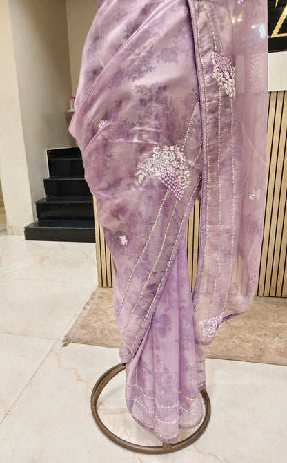 Lavender Self Print Handwork Tissue Saree