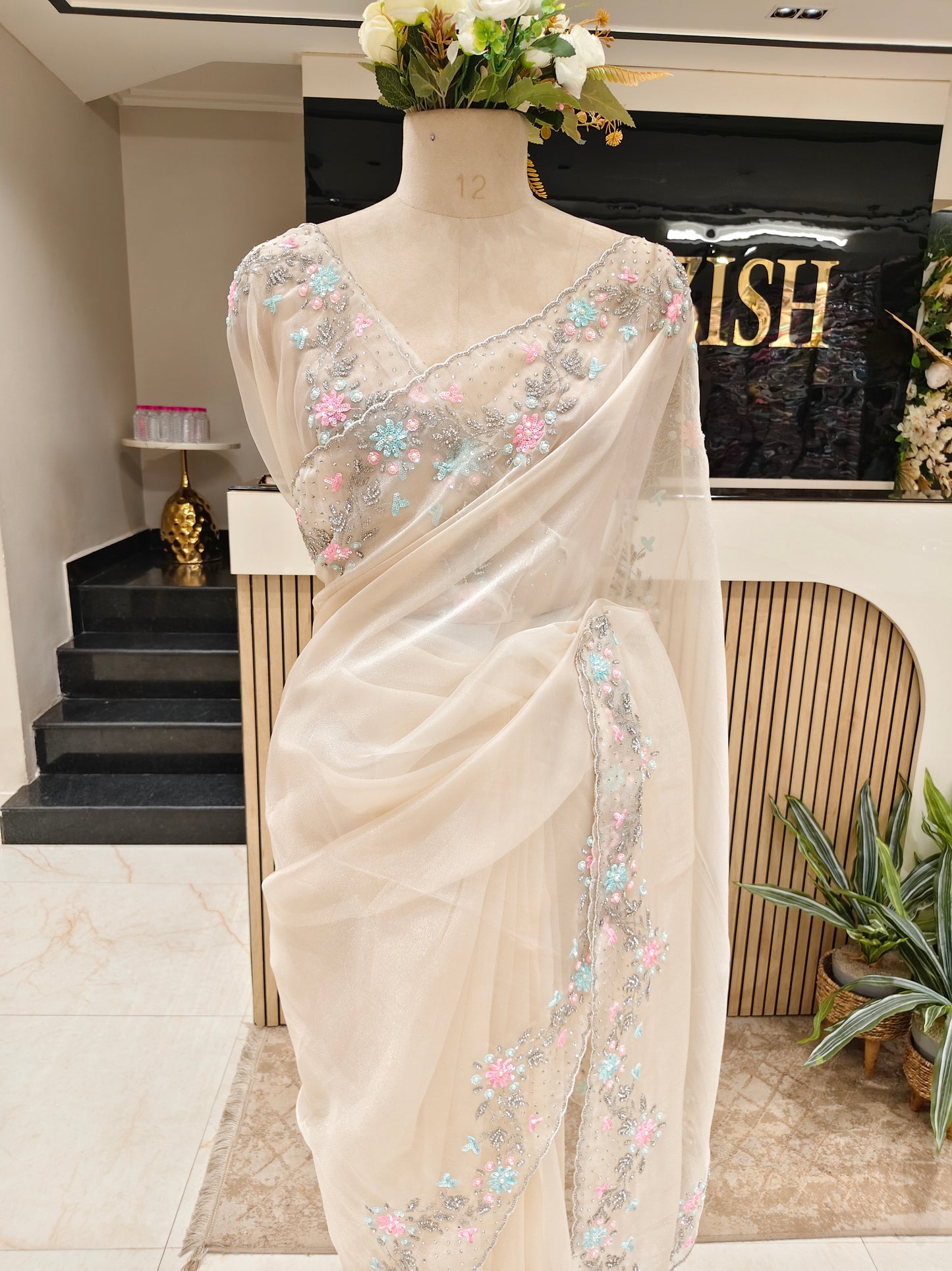 Cream Handwork Glass Tissue Saree