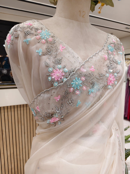 Cream Handwork Glass Tissue Saree