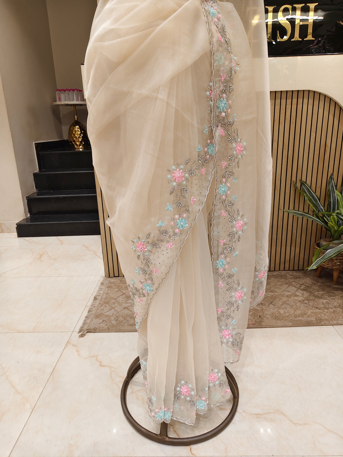 Cream Handwork Glass Tissue Saree